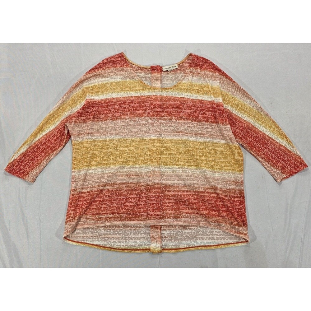 Coldwater Creek Slub Knit Tunic Orange Yellow Striped Button Back Womens L Boho